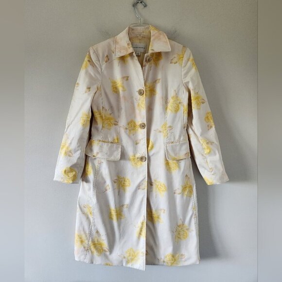 BANANA REPUBLIC | Satin Trench Coat Jacket Floral Yellow Roses Sz M - Picture 2 of 7